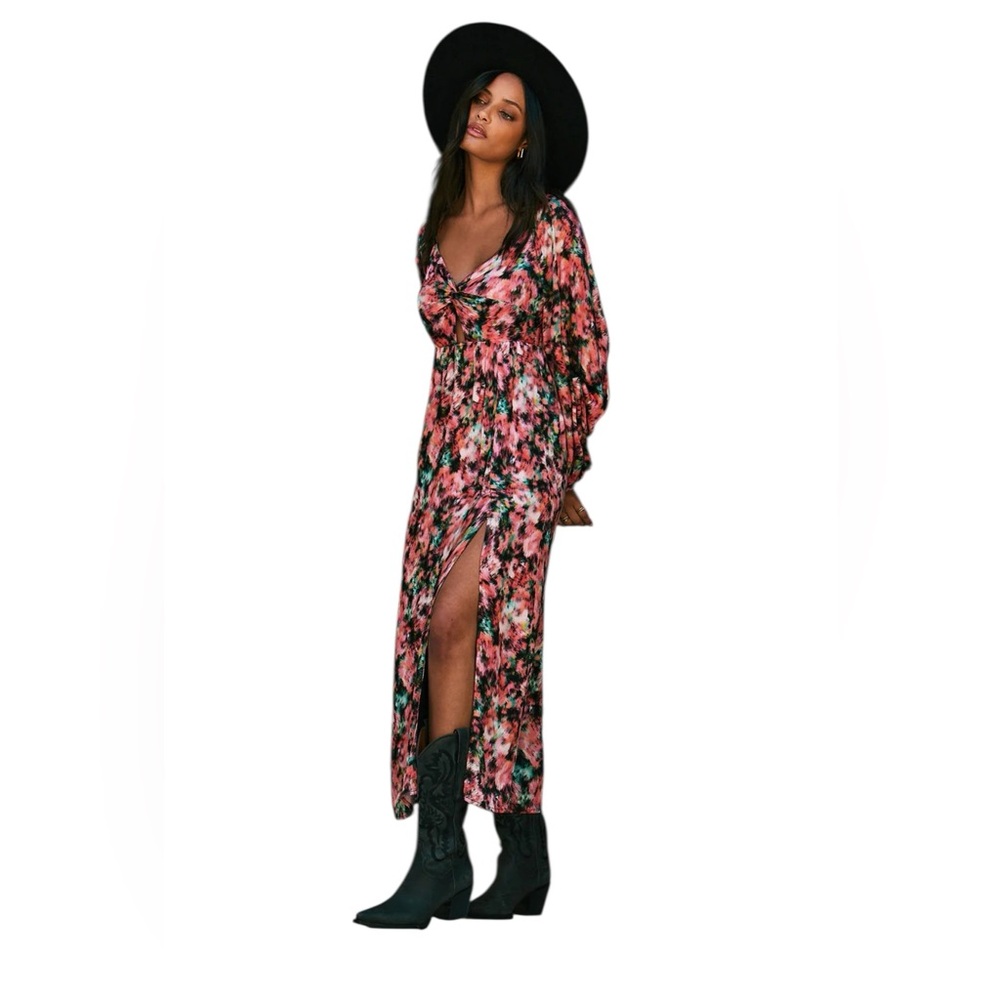 Saltwater Blurred Floral Maxi Dress Long Sleeve Multi Color Print Flowy Boho XS